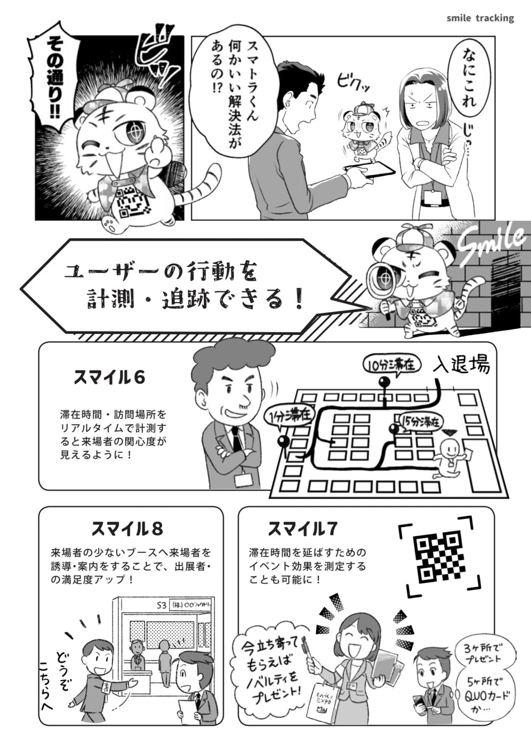第3話2ページ目。スマトラが「ユーザーの行動を計測・追跡できる」と紹介する。来場者の少ないブースへ案内して出展者の満足度を上げる使い方などを図で説明している。